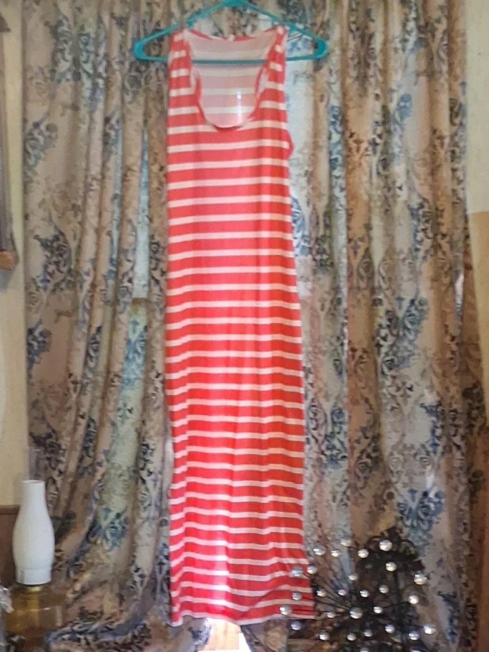 Coral and White Striped Sleeveless Maxi Dress